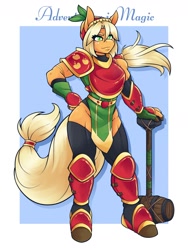 Size: 1800x2400 | Tagged: safe, artist:ambris, applejack, earth pony, anthro, unguligrade anthro, adventuring is magic, g4, adonis belt, applebucking thighs, applejacked, armor, biceps, child bearing hips, colored pupils, dungeons and dragons, fantasy class, female, freckles, hammer, knight, legs, looking at you, multiple variants, muscles, muscular female, paladin, pen and paper rpg, quadriceps, redraw, rpg, smiling, solo, thighs, thunder thighs, title drop, war hammer, warrior, weapon, wide hips