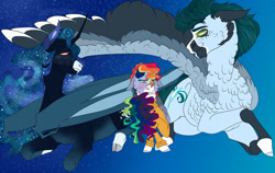 Size: 1280x811 | Tagged: safe, artist:inisealga, princess luna, rainbow dash, soarin', alicorn, bat pony, pegasus, pony, g4, bat wings, clothes, fangs, markings, redesign, soarlunadash, sweater, wings