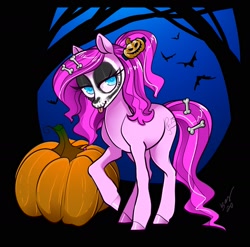 Size: 1979x1958 | Tagged: safe, artist:opalacorn, oc, oc only, oc:violet ray, bat, earth pony, pony, bedroom eyes, bone, commission, cutie mark, eyeshadow, forest, hairclip, makeup, night, pumpkin, solo, tongue out