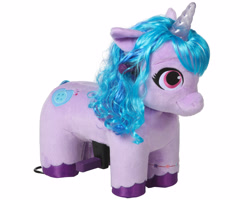 Size: 4500x3600 | Tagged: safe, izzy moonbow, pony, unicorn, g5, official, brushable, female, irl, mare, merchandise, photo, plushie, ride-on toy, simple background, solo, toy, white background