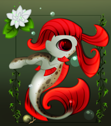 Size: 1642x1867 | Tagged: safe, artist:zmei-kira, oc, oc only, merpony, seapony (g4), bubble, dorsal fin, fins, fish tail, flower, flowing mane, flowing tail, green background, looking at you, red eyes, red mane, seaweed, simple background, solo, tail