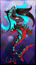 Size: 1236x2201 | Tagged: safe, artist:zmei-kira, oc, oc only, hybrid, merpony, original species, seapony (g4), shark, shark pony, bubble, dorsal fin, eyelashes, fangs, fish tail, flowing mane, flowing tail, lidded eyes, open mouth, red eyes, signature, smiling, solo, swimming, tail, teeth, underwater, unshorn fetlocks, water