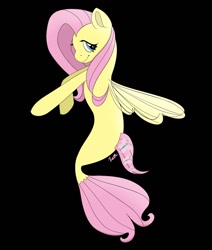 Size: 1084x1280 | Tagged: safe, artist:roxtar173, fluttershy, pegasus, pony, seapony (g4), g4, black background, digital art, dorsal fin, eyelashes, female, fin wings, fish tail, flowing tail, green eyes, pink mane, seaponified, seapony fluttershy, signature, simple background, smiling, solo, species swap, tail, wings