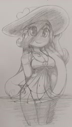 Size: 1897x3319 | Tagged: safe, artist:shadowhawx, fluttershy, human, equestria girls, g4, bikini, clothes, female, hat, humanized, legs together, monochrome, pencil drawing, smiling, solo, sun hat, swimsuit, traditional art