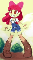 Size: 796x1447 | Tagged: safe, artist:drantyno, artist:shadowhawx, apple bloom, human, equestria girls, g4, adorabloom, boots, bow, clothes, collaboration, cowboy boots, cute, female, grin, hair bow, overalls, pigeon toed, shoes, smiling, solo