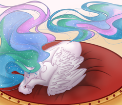 Size: 1400x1200 | Tagged: safe, artist:xxfrancydonxx, princess celestia, alicorn, pony, g4, crying, ethereal mane, ethereal tail, missing accessory, pillow, solo