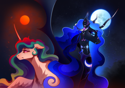 Size: 2500x1769 | Tagged: safe, artist:burgerpaws, princess celestia, princess luna, alicorn, pony, g4, ear piercing, earring, eyeshadow, fangs, horn, horn jewelry, horn ring, implied nightmare moon, jewelry, makeup, moon, peytral, piercing, ring, royal sisters, siblings, sisters, story included, sun, the night will last forever