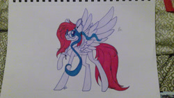 Size: 3264x1836 | Tagged: safe, artist:donnie-moon, oc, oc only, oc:ren, pegasus, pony, female, mare, pegasus oc, raised hoof, smiling, solo, sombra eyes, traditional art, wings