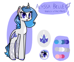 Size: 638x528 | Tagged: safe, artist:goldlines005, oc, oc only, pony, unicorn, horn, leonine tail, offspring, parent:fancypants, parent:rarity, parents:raripants, reference sheet, simple background, smiling, solo, story included, unicorn oc, white background