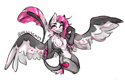 Size: 1320x843 | Tagged: safe, artist:lunaraesthetic, oc, oc only, oc:cherry feather, hippogriff, anthro, barbie doll anatomy, chest fluff, female, leonine tail, looking away, pale belly, solo, spread wings, tail fluff, white belly, wings