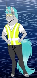 Size: 1045x2173 | Tagged: safe, artist:inisealga, oc, oc:lunar signal, bat pony, hybrid, unicorn, anthro, bat pony oc, commission, horn, safety vest, solo, unicorn oc