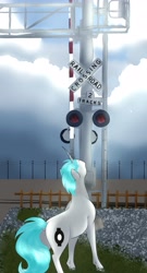 Size: 2205x4096 | Tagged: safe, artist:inisealga, oc, oc only, oc:lunar signal, bat pony, hybrid, pony, unicorn, bat pony oc, commission, horn, railroad crossing, traffic signal, train tracks, unicorn oc