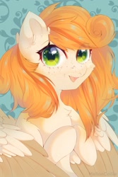 Size: 1366x2048 | Tagged: safe, artist:melloncollie-chan, oc, oc only, pegasus, pony, chest fluff, freckles, looking at you, smiling, solo, spread wings, wings