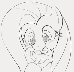 Size: 836x816 | Tagged: safe, artist:dotkwa, fluttershy, pegasus, pony, g4, aweeg*, blushing, bust, cute, eating, female, food, gray background, grayscale, mare, monochrome, nom, pretzel, puffy cheeks, shyabetes, simple background, sketch, solo