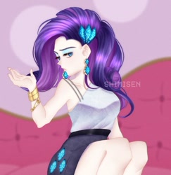 Size: 640x659 | Tagged: safe, artist:shimisen, rarity, human, g4, bracelet, clothes, couch, ear piercing, earring, female, half shirt, humanized, jewelry, lidded eyes, piercing, shirt, solo, watermark
