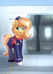 Size: 2480x3508 | Tagged: safe, artist:dandy, oc, oc only, oc:fruitlines, earth pony, pony, art trade, clothes, ear fluff, female, flight attendant, hat, high res, name tag, plane, scarf, smiling, solo, stewardess, stockings, thigh highs, uniform