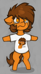 Size: 551x975 | Tagged: safe, artist:marsminer, oc, oc only, oc:venus spring, pony, braces, clothes, crying, shirt, solo, t pose, t-shirt