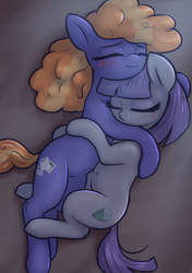 Size: 2110x3000 | Tagged: safe, artist:t72b, frazzle rock, maud pie, earth pony, pony, g4, blushing, cuddling, duo, eyes closed, female, high res, hug, lesbian, lying down, mare, maudrock, missing accessory, on side, shipping, sleeping, smiling, snuggling