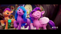 Size: 1920x1080 | Tagged: safe, derpibooru exclusive, screencap, izzy moonbow, pipp petals, sunny starscout, earth pony, pegasus, pony, unicorn, g5, my little pony: a new generation, spoiler:my little pony: a new generation, 3d, animated, dancing, female, mare, netflix logo, no sound, webm