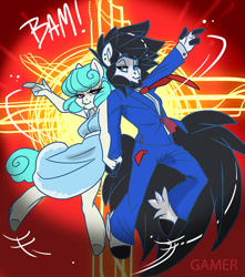 Size: 795x900 | Tagged: safe, artist:thegamercolt, oc, oc:nurse nimble, oc:thegamercolt, earth pony, pegasus, anthro, artic earth pony, blue suit, clothes, dress, epic background, hyper tail, prom, prom night, ready for dance, red neck tie, three fingers