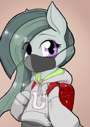 Size: 904x1280 | Tagged: safe, artist:a.s.e, marble pie, earth pony, semi-anthro, g4, arm hooves, backpack, clothes, cute, face mask, female, hoodie, looking at you, marblebetes, mask, solo