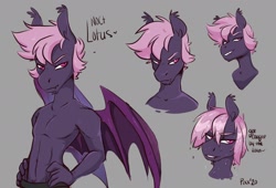 Size: 2048x1390 | Tagged: source needed, useless source url, safe, artist:pixxpal, oc, oc only, oc:lilac night, bat pony, anthro, abs, bat wings, belly button, chin fluff, clothes, fangs, gray background, hand on hip, looking at you, male, nudity, partial nudity, rule 63, sexy, simple background, smiling, smirk, smug, solo, stallion, topless, wet, wet mane, wings