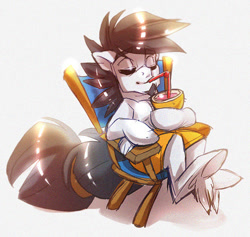 Size: 500x473 | Tagged: safe, artist:thegamercolt, oc, oc only, oc:thegamercolt, earth pony, pony, artic earth pony, big tail, chair, clothes, coconut cup, first day of winter, fruit punch, hyper tail, lawn chair, shine, shorts, solo, straw, straw in mouth, zero fucks given