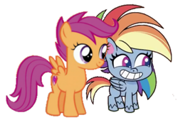 Size: 1788x1208 | Tagged: artist needed, safe, rainbow dash, scootaloo, pegasus, pony, g4, g4.5, little miss fortune, my little pony: pony life, on your marks, background removed, bean mouth, calarts, chibi, duo, duo female, female, filly, grin, mare, simple background, smiling, transparent background