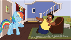 Size: 653x369 | Tagged: safe, artist:cartoonmashup, rainbow dash, g4, cleveland brown, crossover, crying, cursed, face swap, holt richter, kneeling, pointing, scared, the cleveland show