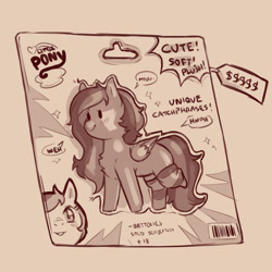 Size: 1200x1200 | Tagged: safe, artist:cold-blooded-twilight, oc, oc:toricelli, pegasus, pony, amputee, blushing, catchphrase, cute, gray background, grayscale, hmph, monochrome, myuu, ocbetes, onomatopoeia, packaging, plushie, simple background, smiling, solo, sparkles, speech bubble, text, toy, weh