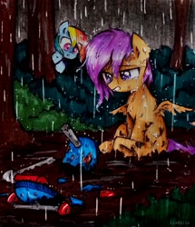 Size: 2115x2455 | Tagged: safe, artist:liaaqila, rainbow dash, scootaloo, pegasus, pony, g4, broken, commission, crying, damaged wings, duo, female, filly, forest, high res, hurting, mare, mud, rain, scared, scootasad, sitting, traditional art