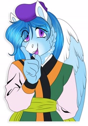 Size: 1898x2702 | Tagged: safe, artist:inisealga, oc, oc only, pegasus, anthro, clothes, commission, cosplay, costume, female, mare, pegasus oc, simple background, solo, sticker, tenchi muyo, white background