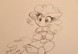 Size: 2048x1433 | Tagged: safe, artist:lbrcloud, pinkie pie, earth pony, pony, g4, caffeine, coffee, cute, diapinkes, drinking, female, hoof hold, mare, monochrome, sitting, sketch, solo, traditional art, underhoof