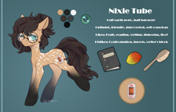 Size: 3150x2000 | Tagged: safe, oc, oc only, oc:nixie tube, bat pony, earth pony, hybrid, pony, :3, binder, brush, coat markings, dappled, female, food, glasses, hairbrush, high res, mango, reference sheet, socks (coat markings), solo, text