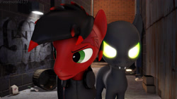 Size: 3840x2160 | Tagged: safe, artist:fireemerald123, oc, oc only, oc:page feather, oc:voice, pegasus, pony, 3d, alley, glowing eyes, graffiti, high res, looking sideways, source filmmaker, void entity, voidpunk, watermark