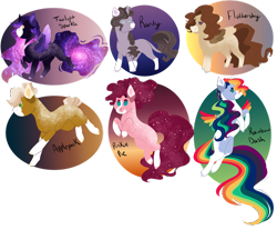 Size: 1280x1062 | Tagged: safe, artist:inisealga, applejack, fluttershy, pinkie pie, rainbow dash, rarity, twilight sparkle, alicorn, pegasus, pony, unicorn, g4, chibi, ethereal mane, galaxy mane, markings, redesign, simple background, transparent background, twilight sparkle (alicorn)