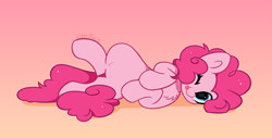 Size: 5023x2557 | Tagged: safe, artist:kittyrosie, pinkie pie, earth pony, pony, g4, ;p, blushing, chest fluff, cute, diapinkes, female, looking at you, lying, mare, one eye closed, simple background, smiling, smiling at you, solo, starry eyes, tongue out, wingding eyes, wink, winking at you