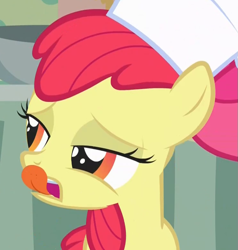 Size: 741x779 | Tagged: safe, screencap, apple bloom, earth pony, pony, call of the cutie, g4, my little pony: friendship is magic, season 1, chef's hat, cropped, female, filly, hat, licking, licking lips, solo, tongue out