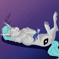 Size: 2000x2000 | Tagged: safe, artist:inisealga, oc, oc only, oc:lunar signal, bat pony, hybrid, pony, unicorn, bat pony oc, bellyrubs, commission, disembodied hand, hand, high res, horn, hybrid oc, lying down, male, stallion, unicorn oc