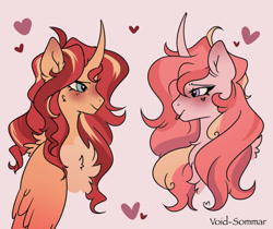 Size: 1280x1073 | Tagged: safe, artist:void-sommar, princess cadance, sunset shimmer, alicorn, pony, g4, :p, alicornified, blushing, bust, chest fluff, description at source, female, floating heart, heart, lesbian, mare, pink background, race swap, redesign, shimmercorn, shipping, simple background, sunsetdance, tongue out, wavy mane