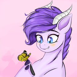 Size: 4096x4096 | Tagged: safe, artist:xxpaw2001xx, oc, oc only, oc:crystal clarity, butterfly, dracony, hybrid, kilalaverse, blushing, female, horns, interspecies offspring, looking at something, offspring, parent:rarity, parent:spike, parents:sparity, pink background, simple background, slit pupils, solo