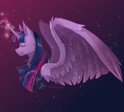 Size: 3000x2700 | Tagged: safe, artist:synubus, twilight sparkle, alicorn, pony, g4, cute, eyes closed, female, glowing horn, gradient background, high res, horn, large wings, mare, profile, solo, twiabetes, twilight sparkle (alicorn), wing fluff, wings