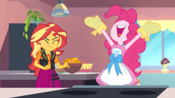 Size: 3410x1920 | Tagged: safe, screencap, pinkie pie, sunset shimmer, equestria girls, equestria girls specials, g4, my little pony equestria girls: better together, my little pony equestria girls: holidays unwrapped, saving pinkie's pie, apron, clothes, cutie mark, cutie mark on clothes, eyes closed, female, geode of empathy, jacket, jewelry, leather, leather jacket, magical geodes, necklace, nose in the air, open mouth, volumetric mouth