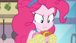 Size: 3410x1920 | Tagged: safe, screencap, pinkie pie, equestria girls, equestria girls specials, g4, my little pony equestria girls: better together, my little pony equestria girls: holidays unwrapped, saving pinkie's pie, apron, clothes, female, food, lip bite, oven mitts, ramekin, solo, souffle, tank top