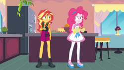 Size: 3410x1920 | Tagged: safe, screencap, pinkie pie, sunset shimmer, equestria girls, equestria girls specials, g4, my little pony equestria girls: better together, my little pony equestria girls: holidays unwrapped, saving pinkie's pie, apron, clothes, cutie mark, cutie mark on clothes, female, food, geode of empathy, jacket, jewelry, leather, leather jacket, lip bite, magical geodes, necklace, oven mitts, souffle, tank top