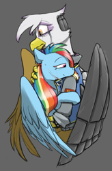 Size: 1023x1558 | Tagged: safe, artist:sinrar, gilda, rainbow dash, griffon, pegasus, pony, amputee, artificial wings, augmented, clothes, crying, cyberpunk, gray background, hug, jacket, prosthetic limb, prosthetic wing, prosthetics, simple background, tears of joy, wings