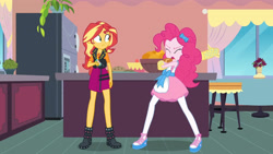 Size: 3410x1920 | Tagged: safe, screencap, pinkie pie, sunset shimmer, equestria girls, equestria girls specials, g4, my little pony equestria girls: better together, my little pony equestria girls: holidays unwrapped, saving pinkie's pie, apron, clothes, cutie mark, cutie mark on clothes, eyes closed, female, food, geode of empathy, jacket, jewelry, leather, leather jacket, magical geodes, necklace, open mouth, souffle, tank top