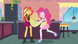 Size: 3410x1920 | Tagged: safe, screencap, pinkie pie, sunset shimmer, equestria girls, equestria girls specials, g4, my little pony equestria girls: better together, my little pony equestria girls: holidays unwrapped, saving pinkie's pie, apron, clothes, cutie mark, cutie mark on clothes, eyes closed, female, food, geode of empathy, great moments in animation, jacket, jewelry, leather, leather jacket, magical geodes, necklace, open mouth, souffle, tank top