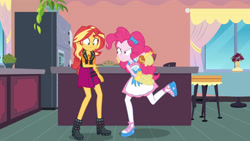 Size: 3410x1920 | Tagged: safe, screencap, pinkie pie, sunset shimmer, equestria girls, equestria girls specials, g4, my little pony equestria girls: better together, my little pony equestria girls: holidays unwrapped, saving pinkie's pie, apron, boxing, clothes, cutie mark, cutie mark on clothes, female, food, geode of empathy, jacket, jewelry, leather, leather jacket, magical geodes, necklace, oven mitts, smiling, souffle, sports, tank top