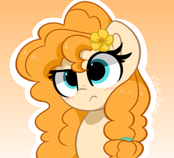 Size: 3970x3616 | Tagged: safe, artist:kittyrosie, pear butter, earth pony, pony, g4, blushing, confused, cute, doodle, female, flower, flower in hair, high res, mare, pearabetes, simple background, solo